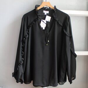 Carmen Marc Valvo Black Long Sleeve Ruffle Neck-Tie Blouse Top Size 3X NWT